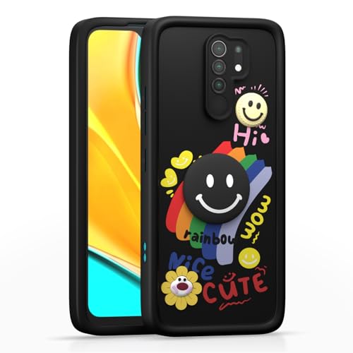 Image of Pikkme Back Cover for Redmi 9 Prime /Poco M2 | Soft Silicone| Cute Rainbow Smile & 3D Cartoon Flower Design | Shockproof Raised Camera Protection Bumper Case (Black)