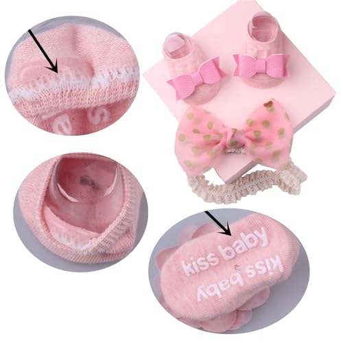 Baby Bow Headband & Socks Set for 0-1Y Boy Girl Elastic Lace Headdress Infant Floor Socks Newborns Accessories Baby Hairband Socks Set2