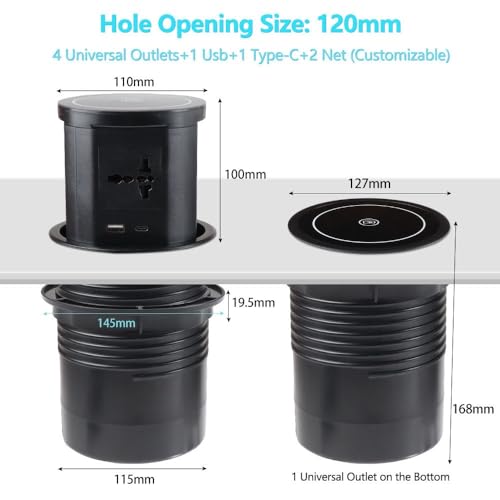 Image of Audiovan Vertical Pop Up socket Pneumatic Electrical Countertop Box, 3 Power+ 2USB type A+C charger port + 1 HDMI port+1 LAN Interface +18 watt Fast Wireless charger Conference Desk (AVT-VMP28) Black