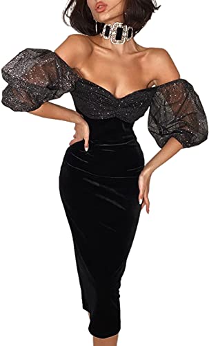 HOMELEX Sexy Glitter See-Through Mesh Sheer Puff Sleeve Club Dress Bodycon Party Clubwear for Women Black