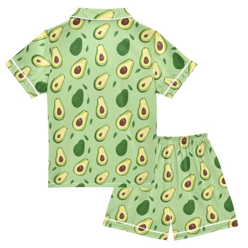 Green Avocado with Leaves Prints Summer Satin Pajama Set, Cute Button-Down Sleepwear Pj Set for Sleep Wears2