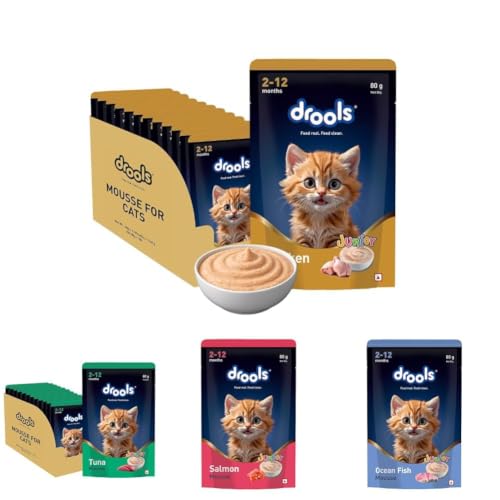 Image of Drools Kitten Wet Mousse, Assorted Flavours Pack of 12 (960g) | Salmon, Ocean Fish, Tuna & Chicken | Rich in Protein | Promotes Hydration | Easy to Digest