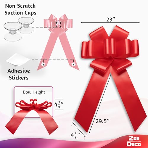 Zoe Deco - Pre-Assembled Big Car Bow - Red, 23 Inch - Giant Car Bow for Birthday, Christmas, Wedding Reception, Surprise Party - Large Gift Wrapping for Huge Present