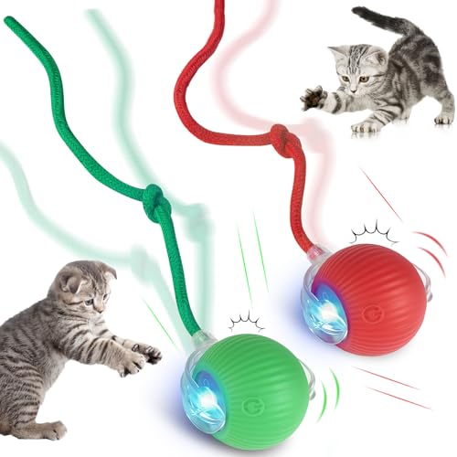 Grantop 2 Stück Interaktives Katzenspielzeug Katzenball Interaktiver Ball Katze mit Seil Katzenspielzeuge Selbstbeschäftigung mit LED Licht Geräuscharmes Automatisch Katzenspielzeug Elektrisch Ball