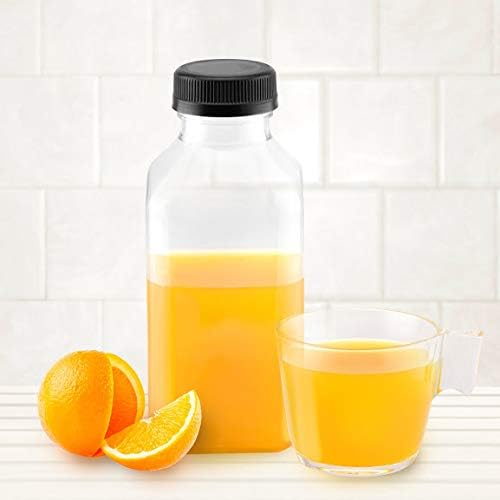 PEXALE 12 Oz Clear Plastic Juice/Dressing PET Square Container Bottles w/Black Tamper Evident Caps (TM) (Black caps, 10)