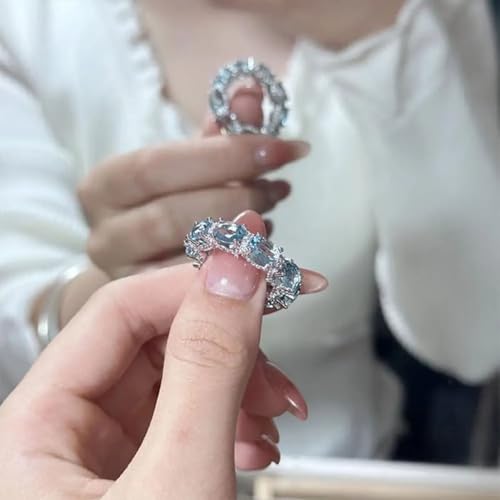 Oval Cut Sea Blue Crystal Engagement Ring, Copper 18K White Gold Plated Crystal Engagement Ring, Oval Shinning Blue Crystal Engagement Ring, Blue CZ Stone Cut Crystal Ring4