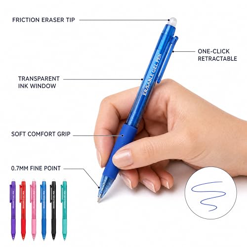 MCOLIMA Erasable Gel Pens, 12 Pack Retractable Erasable Pens with Clicker, 0.7mm Fine Point Quick Dry Ink, 6 Vibrant Assorted Colors for Note Taking, Planners, Journaling, School Office Supplies - Image 8