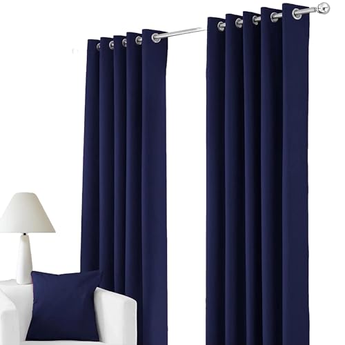 RayyanLinen Readymade Blackout Thermal Eyelet Ring Top Pair of Curtains Including 2 free Tiebacks (NAVY BLUE, Width 66 x Drop 54)