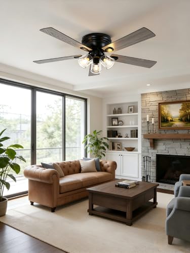 Image of 52 inch Flush Mount Vintage Ceiling Fan with Lights and Remote Control, Farmhouse Rustic Ceiling Fan Low Profile Fandelier Chandelier for Bedroom Living Room Kitchen, 3 E26 Bulbs (Not Included)