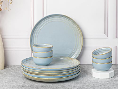 Image of Bodhi House Handcrafted Chip Resistant Porcelain Dinner Set, 12 Pieces Dish Set Serving for 6, Microwave and Dishwasher Safe, Bone-ash Free, Crockery Set for Dining and Gifting, Arctic Blue