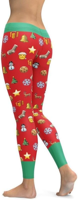 FIERCEPULSE Christmas Emoji Leggings for Women - Soft Mid Waist Holiday Icon Printed Yoga Pants Stretchy Workout Gym Tights