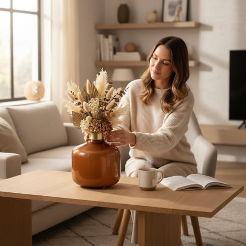 Image of Artful Living India - Round Metal Flower Vase | Round Vintage Vase for Living Room, Table, Office Decoration & Home Decor | Antique Decorative Metal Vase (Copper Orange)
