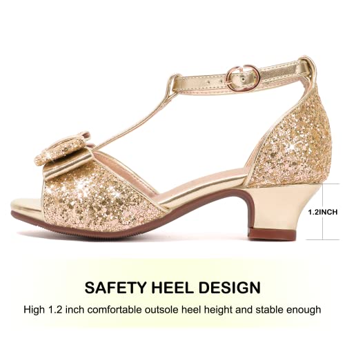 Image of PANDANINJIA Lilly Girls Heels Todder Dress Shoes Pump T Strap Open Toe Bow Little Big Kids Flower Girl Shoes(Gold Sequin, 6 M US Big Kid)