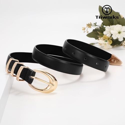 Image of TRIWORKS Women Leather Belt for Jeans Pants Fashion Ladies Skinny Faux Leather Dress belt with Gold Buckle