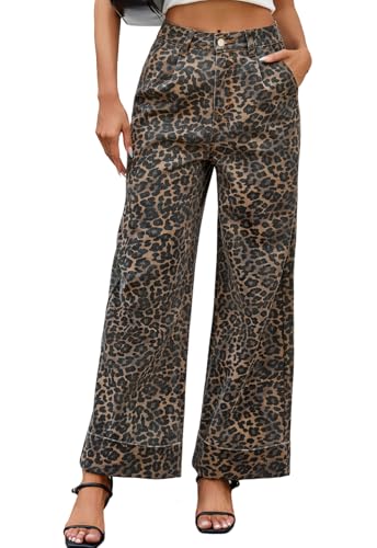 Womens High Waist Wide Leg Jeans Trendy Baggy Cuffed Denim Pants Leopard Loose No Stretchy Jeans with Pockets