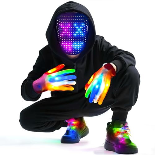 3 Pack Halloween LED Mask with Gesture Sensing, Colorful Light Up Skeleton Gloves & Glow Shoelaces for Halloween Cosplay Costume Party Accessories