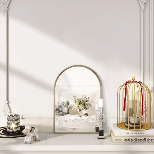Image of Bathroom Arched Wall Mirror Brushed Metal Vanity Wall Mounted Mirror for LivingRoom Bedroom Entryway Room Vanity Home Decor 16 inchx12 inch