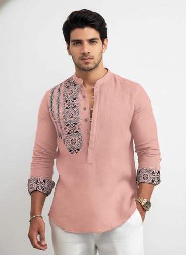 Image of Amazon Brand - INKAST Men's Cotton Blend Mandarin Collar Self One Design Full Sleeve Casual Short Kurta