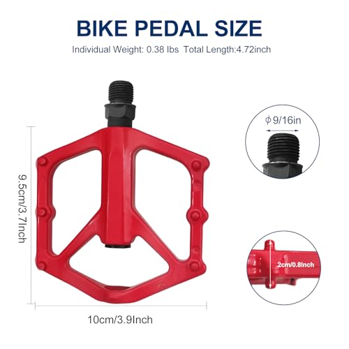 RainFlowwer 14mm Non-Slip Lightweight Aluminum Alloy Bicycle Pedals,Road/MTB Flat Pedals,Mountain Bike Pedals,Fits 9/16\" Road Mountain BMX MTB Bike Pedal(red)