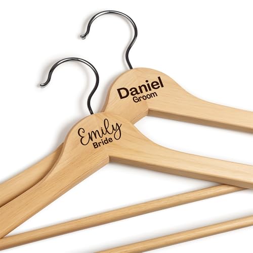 Personalized Bride Hanger, Engraved Groom Hanger with Name Engraved Bride Wood Hanger Bridal Party, Bridesmaid Hangers, Custom Hangers for Wedding Wedding Dress Bridal Hanger with Custom Date 2 Pack
