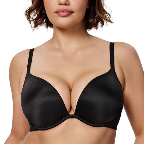 Wingslove Women's Push up T-Shirt Bra Deep-V Plunge Everyday Seamless Underwire Lightly Padded Bras Lift Up (Lightly Lined Black,38G
