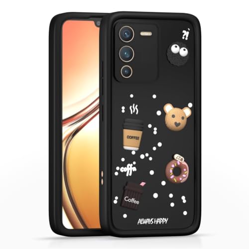 Image of Bintage Cute Fun Ball | Taddy Cartoon 3D Smiley Coffee Cup | Milk Donut | Full Protection Rubber Back Cover Compatible for Vivo V2158 / Vivo V25Pro 5G - Black