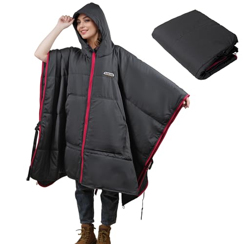 Hooded Wearable Stadium Blanket, Camping Blankets, Large Poncho Windproof & Water-Repellent, 75 * 55 inch, Portable & Warm, for Outdoor, Sports, Concerts, Travel, Picnic, Car, Survival, Hunting