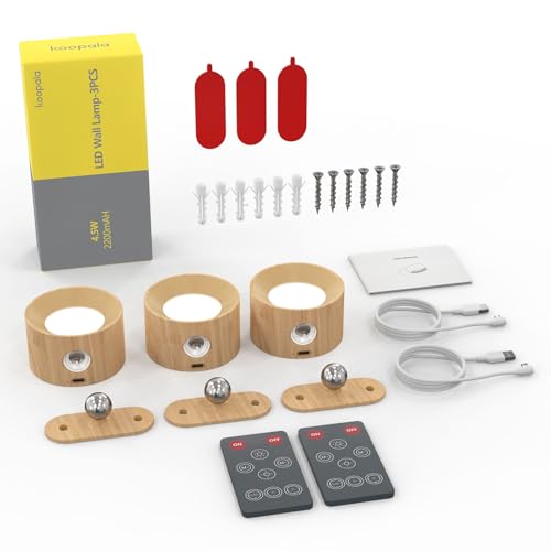 Image of Koopala 3PACK Rechargeable LED Wall Sconce, Cordless Battery with Remote Powered Wall Sconce, 3 Brightness Levels, 360 Swivel Magnetic Shade for Reading Bedside, Wood Grain Color.