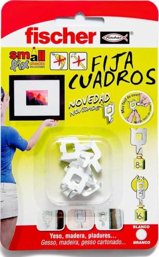 fischer - Fija Cuadros | Ganchos Reutilizables sin Agujeros | hasta 8 Kg de Carga | Ideal para Yeso, Cartón y Madera | Montaje Fácil sin Herramientas | 8 uds | Blanco