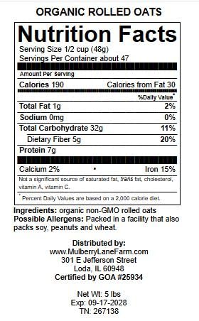 Avena en Hojuelas Orgánica 5 Libras, USDA Orgánico, No-GMO, Mulberry Lane Farms miniatura 2