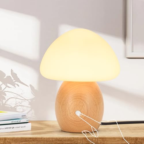 BNYFDC Mushroom Lamp with Touch Control Switch Small Wooden Table Lamp with Glass Shade 3 Way Dimmable Nightstand Lamp for Bedroom G9 LED Bulb Included (Nature Wood&Opal White Glass Shade)