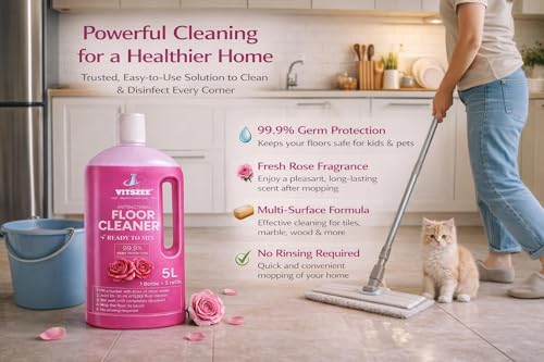 Image of VITSZEE Floor Cleaner 5L | Ready to Mix | Disinfectant Surface liquid | Kills 99.9% Germs | Long Lasting Fragrance | Suitable for Tiles, Marble, Kitchen & Bathroom (5 Litres, Rose Fragrance)