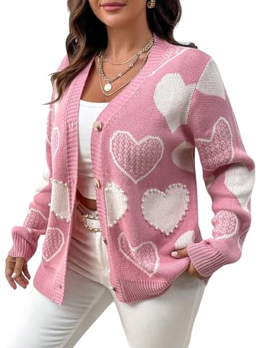 Women's Plus Size Pearl Heart Sweaters Y2K Button Down Long Sleeve Knit Outerwear Cardigan Fall Tops
