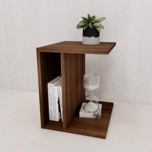 Image of ECOLINE End Table - Side Table Wooden for Bedroom and Living Room, Compact Nightstand with Shelf Storage, Small Bedside Table for Home, Modern Finish - Walnut Brown