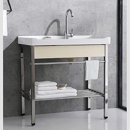 Laundry Sink,Utility Sink Ceramic Basin,Stainless Steel Bracket Ceramic Sink,Utility Sink With Bracket And Drain Kit For Laundry Room,Outdoor And Indoor,Garage, Basement,Hotel Restaurant ( Size : 36"( #TOP1