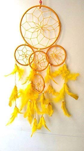 Yellow 5 Rings Feather and Wool Dream Catcher Decorative Showpiece -55 cm (Wool, Yellow)-image-11
