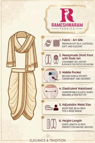 Image of Rameshwaram Fabrics Readymade Dhoti for Men, Velcro Style Stitched Mens Silk Dhoti Pant with Stole Set