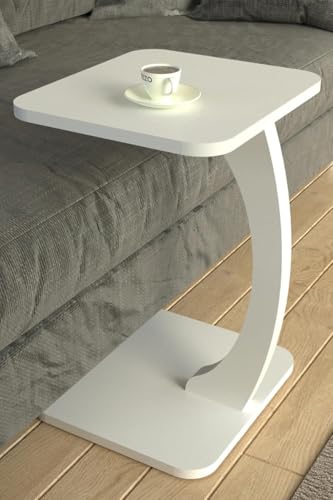 Image of Modern C-Shaped Wooden Sofa Side Table for Living Room | Multipurpose Laptop Table for Couch | Bedside Coffee Table | Space Saving Table for Home & Office | Stylish Portable End Table (White-Square)