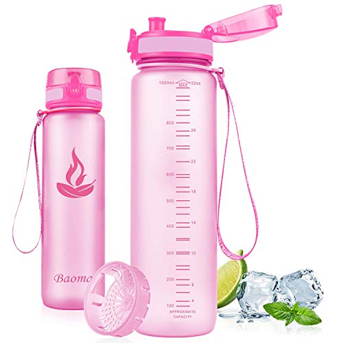 Baomay Botella de Agua Deportiva 350ml, Adultos/Niños Bottle con Filtro, Bidon de Bebidas Plástico Tritan, para Gimnasio, Ciclismo, Trekking | Sin-BPA & Impermeable & Reutilizable (Rosado)
