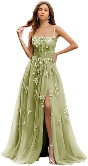 3D Flower Tulle Prom Dresses for Women 2025 Spaghetti Straps Corset A-Line Formal Ball Gown with Slit