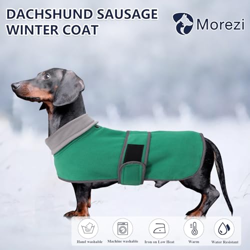 MOREZI Winterhundejacke mit wattiertem Flusenfutter, verstellbarem Klettknopf und hochklappbarem Stehkragen. Sehr gut geeignet für Dackel und kleine und mittelgroße Jagdhunde-Grün-XS