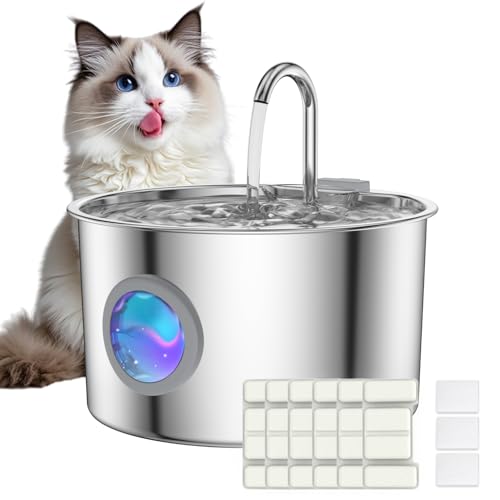 Bizcasa Fuente para Gatos Acero INOX: 3.2L Bebedero Gato con Ventana de Nivel de Agua, Bebedero Perros Acero Inoxidable, Dispensador Agua Perro Silencioso (Fuente Gatos-3.2L+6 Filtros+3 Esponjas)