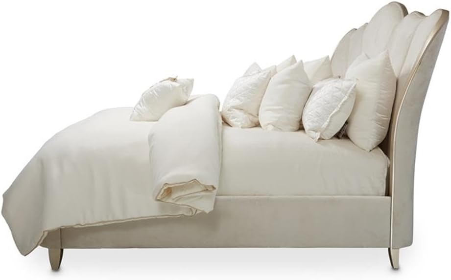 Pemberly Row Modern Cal. King Channel Tufted Velvet Bed, Caramel Finish, 66 in H x 90.5 in W x 96 in D, Solid & Manufactured Wood Frame, Vertical Tufted Upholstery, Curving Headboard, Elegant Bedroom