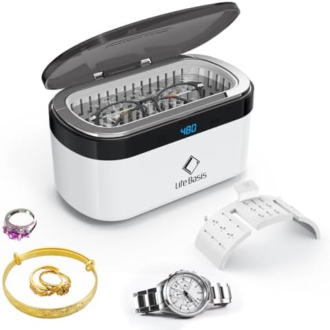 Life Basis Ultrasonic Jewelry Cleaner, Portable Ultrasonic Cleaner 17 OZ (500ML) 42kHz Jewelry Cleaner with 5 Digital Timer and Watch Stand for Cleaning Jewelry Eyeglasses Watches - White
