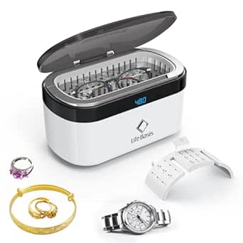 Life Basis Ultrasonic Jewelry Cleaner, Portable Ultrasonic Cleaner 17 OZ (500ML) 42kHz Jewelry Cleaner with 5 Digital Timer and Watch Stand for Cleaning Jewelry Eyeglasses Watches - White