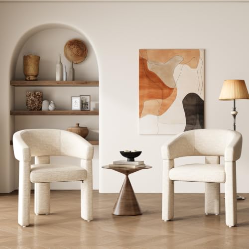 Image of MALOL Wooden Dining Chairs Set of 2, Fabric Accent Chairs with Armrest, Comfy Round Upholstered Arm Chair with 3 Legs, Kitchen Chairs for Dining Room, Living Room, Beige