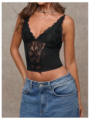 SHENHE Women's Mesh Lace Bustier Corset Top Deep V Neck Spaghetti Strap Fitted Crop Cami Tank4