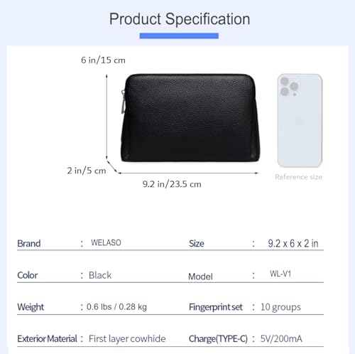 Image of Welaso Fingerprint Lock Leather Handbag,Anti Theft Waterproof Genuine Leather Clutch Bag Wallet for Man Woman (Black)