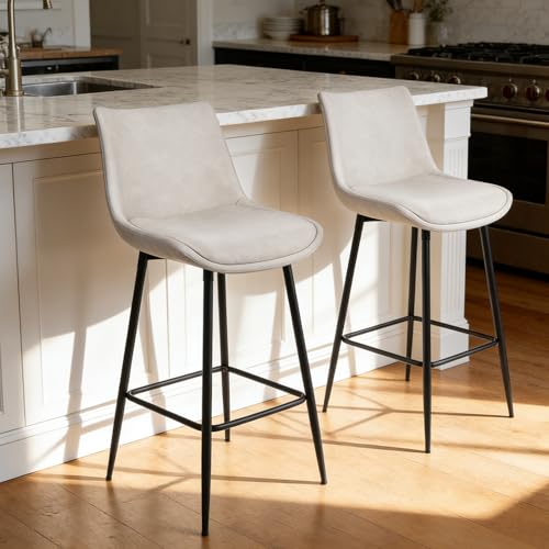 VATROS Counter Height Bar Stools Set of 2,FSC Certified Upholstered Faux Leather Bar Stools Set of 2 with Back, Metal Base, 27" Seat Height,Modern Upholstered Barstool for Kitchen Island, (Beige)