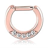 Joyas septum en acero chapado en oro rosa de 18 quilates Sherine clicker . Especialmente diseñado para el tabique con sistema de cierre clicker , muy fácil y muy buena sujeción. Joyas para septum hechas enteramente de acero quirúrgico de excelente calidad, chapado en oro rosa de 18 quilates, excelente acabado. Brazalete 1,2 mm, longitud de la varilla 6 mm, diámetro interno 8,2 mm, ancho 12,3 mm, altura 10,5 mm. Cristal austriaco para un hermoso brillo. .